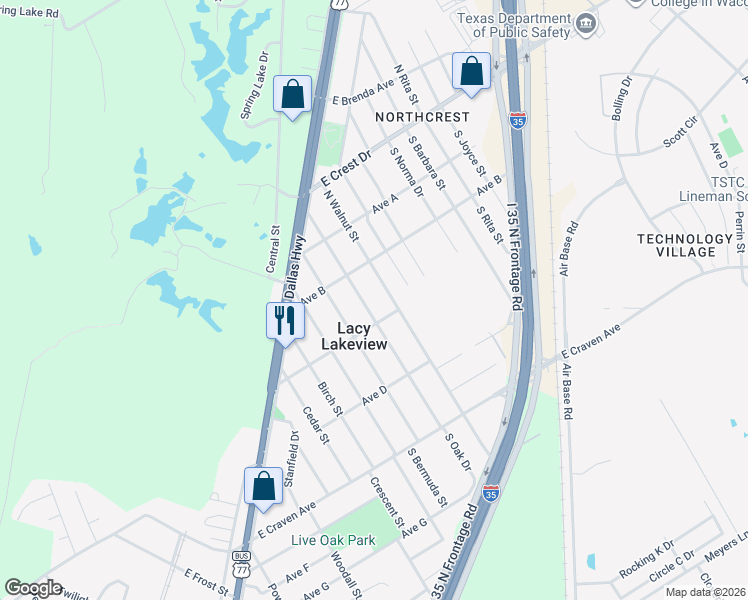 map of restaurants, bars, coffee shops, grocery stores, and more near 307 North Oak Drive in Waco
