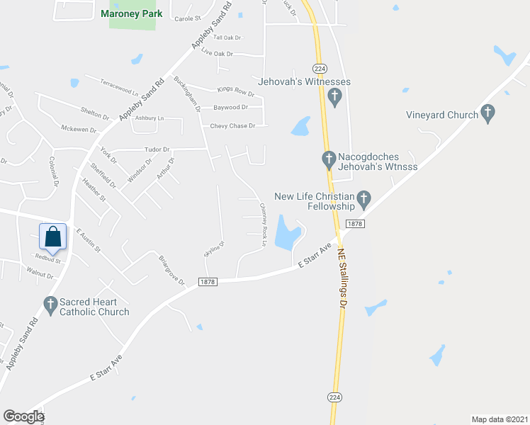 map of restaurants, bars, coffee shops, grocery stores, and more near 3210 Chimney Rock Lane in Nacogdoches