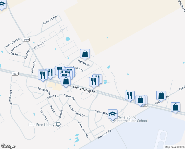 map of restaurants, bars, coffee shops, grocery stores, and more near 9917 Bridlewood Ln in Waco