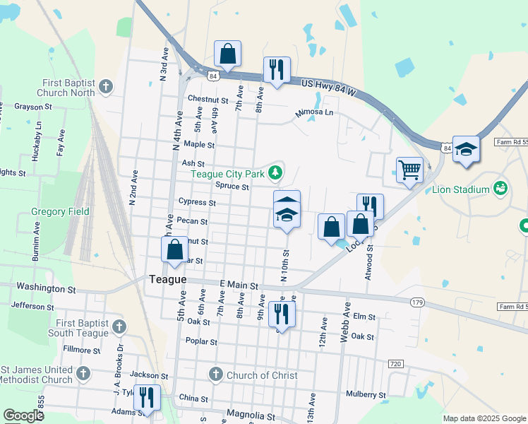 map of restaurants, bars, coffee shops, grocery stores, and more near 420 9th Avenue in Teague