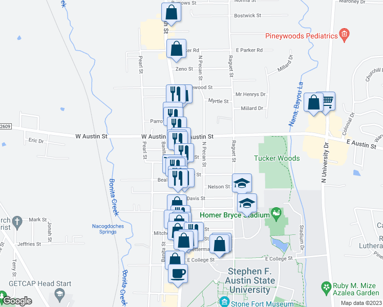 map of restaurants, bars, coffee shops, grocery stores, and more near 119 Elm Street in Nacogdoches