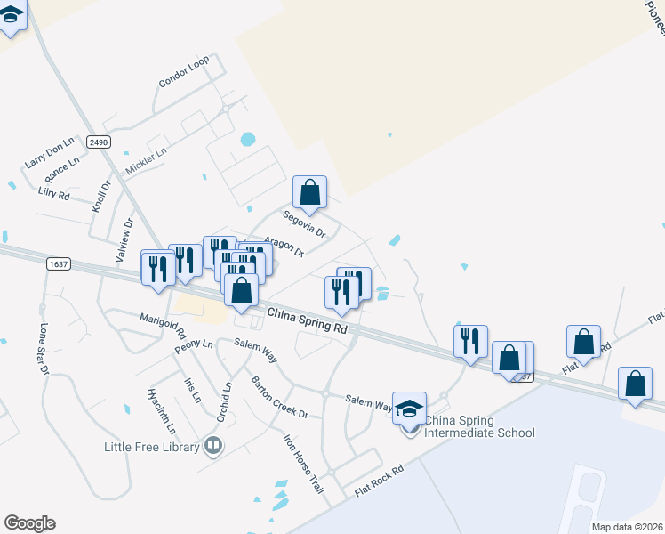 map of restaurants, bars, coffee shops, grocery stores, and more near 9917 Bridlewood Ln in Waco