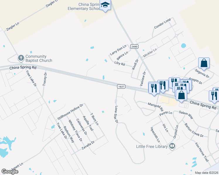 map of restaurants, bars, coffee shops, grocery stores, and more near 10720 China Spring Rd in Waco