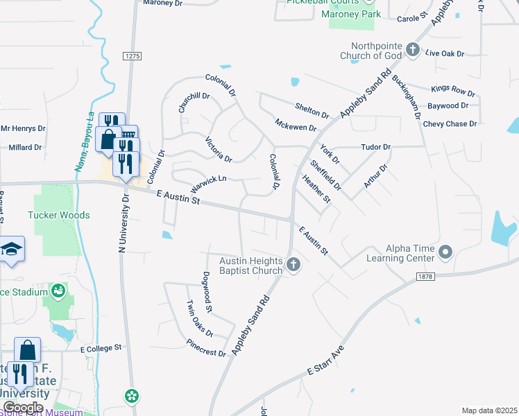 map of restaurants, bars, coffee shops, grocery stores, and more near 1525 East Austin Street in Nacogdoches