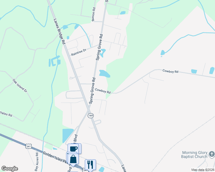 map of restaurants, bars, coffee shops, grocery stores, and more near 125 Cowboy Road in Jesup