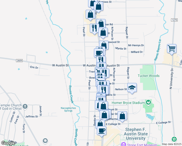 map of restaurants, bars, coffee shops, grocery stores, and more near 217 Travis Street in Nacogdoches