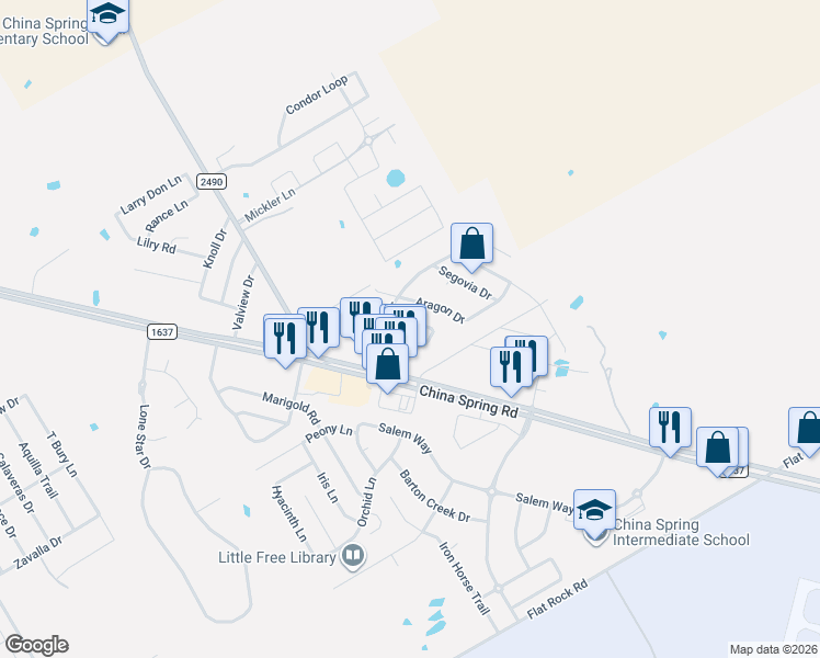 map of restaurants, bars, coffee shops, grocery stores, and more near 10104 Valencia Drive in Waco