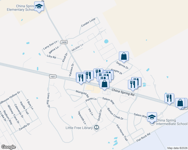 map of restaurants, bars, coffee shops, grocery stores, and more near 10120 Granada Drive in Waco