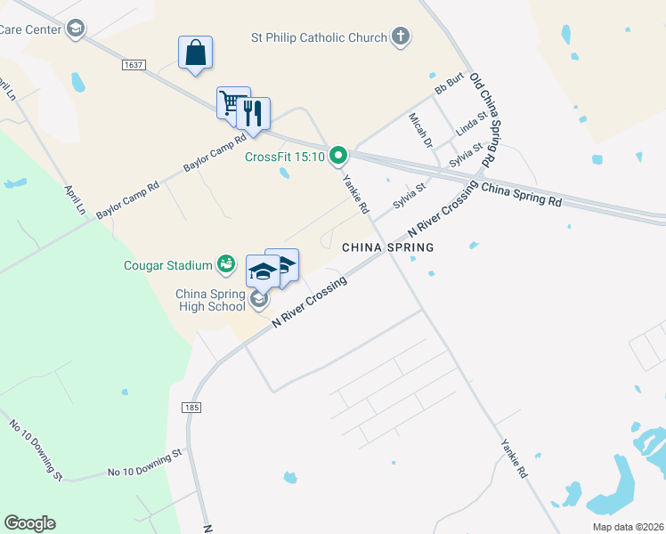 map of restaurants, bars, coffee shops, grocery stores, and more near 7201 North River Crossing in China Spring