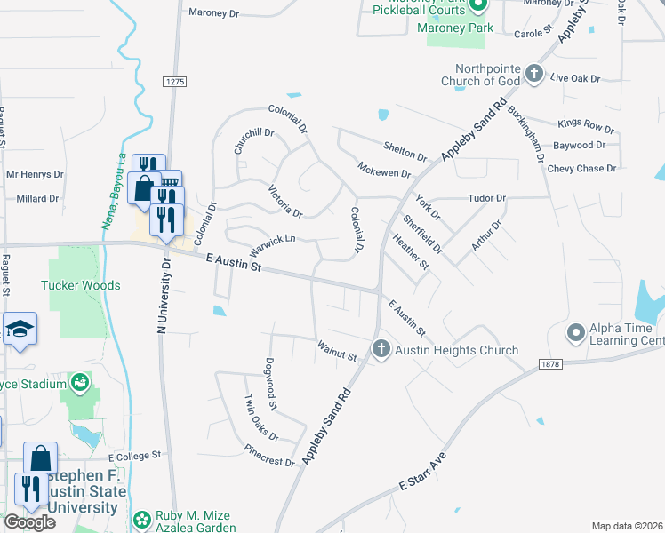 map of restaurants, bars, coffee shops, grocery stores, and more near 1525 East Austin Street in Nacogdoches
