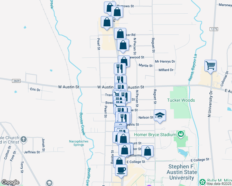 map of restaurants, bars, coffee shops, grocery stores, and more near 2903 North St in Nacogdoches
