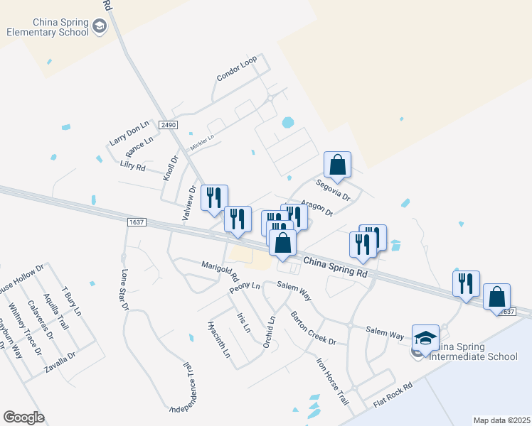 map of restaurants, bars, coffee shops, grocery stores, and more near 10108 Cordoba Court in Waco