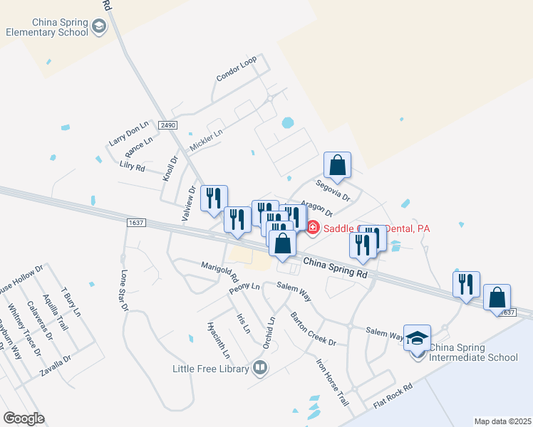 map of restaurants, bars, coffee shops, grocery stores, and more near 10120 Granada Drive in Waco