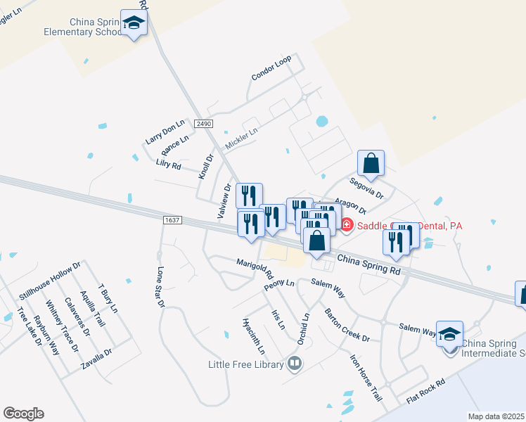 map of restaurants, bars, coffee shops, grocery stores, and more near 123 Kenna Ln in Waco
