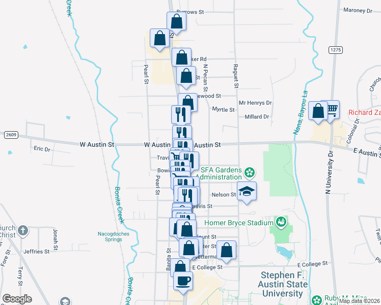 map of restaurants, bars, coffee shops, grocery stores, and more near 3004 North Street in Nacogdoches