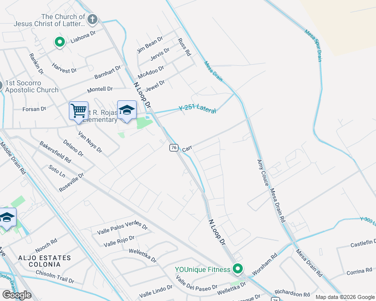 map of restaurants, bars, coffee shops, grocery stores, and more near 11501 North Loop Drive in Socorro