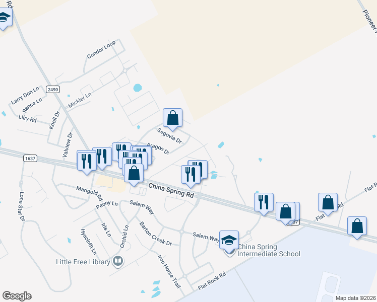map of restaurants, bars, coffee shops, grocery stores, and more near 10701 Granada Drive in Waco