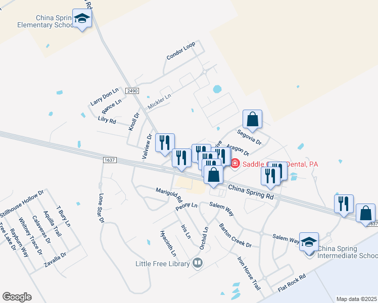 map of restaurants, bars, coffee shops, grocery stores, and more near 181 Kenna Lane in Waco