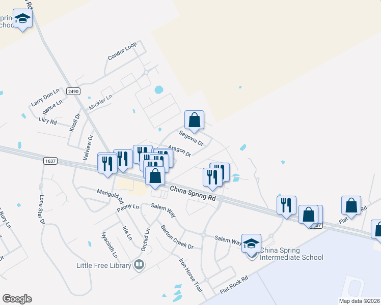map of restaurants, bars, coffee shops, grocery stores, and more near 10125 Segovia Drive in Waco