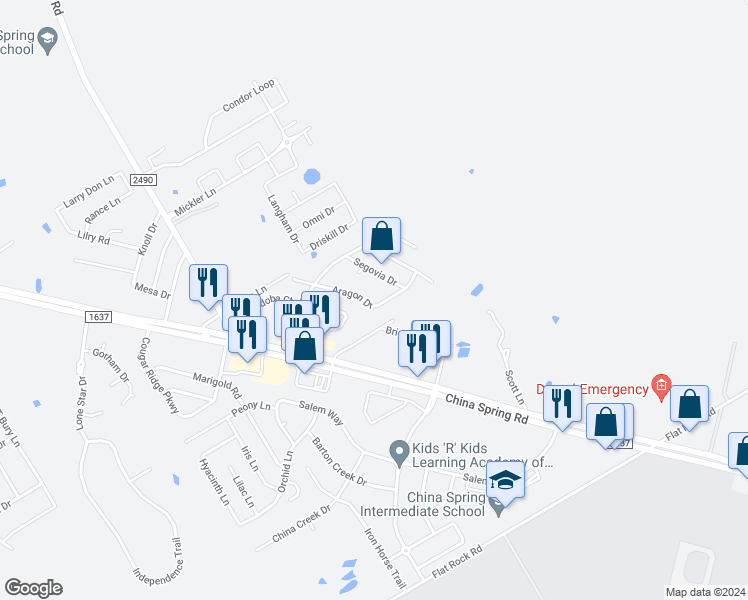 map of restaurants, bars, coffee shops, grocery stores, and more near 10136 Aragon Drive in Waco