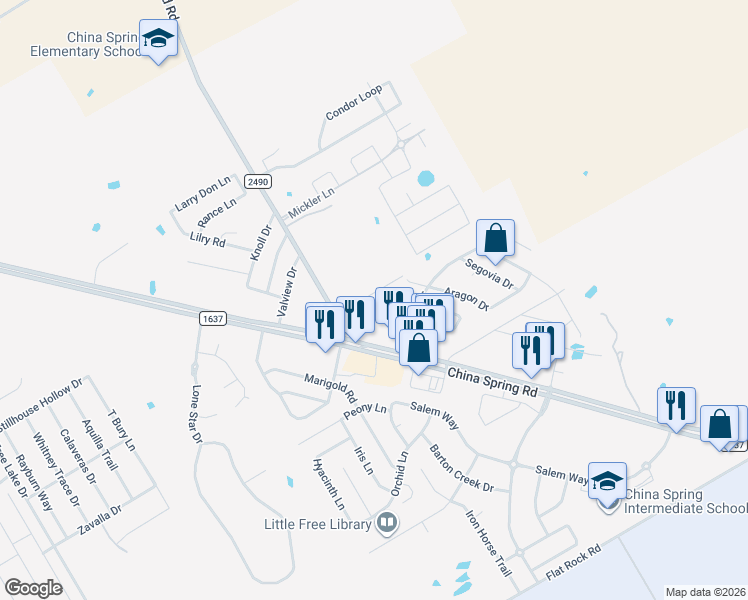 map of restaurants, bars, coffee shops, grocery stores, and more near 263 Kenna Lane in Waco