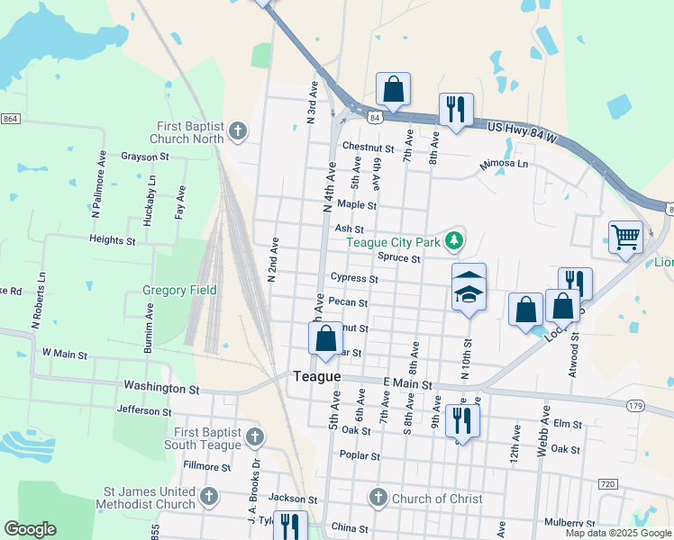 map of restaurants, bars, coffee shops, grocery stores, and more near 402 Spruce Street in Teague