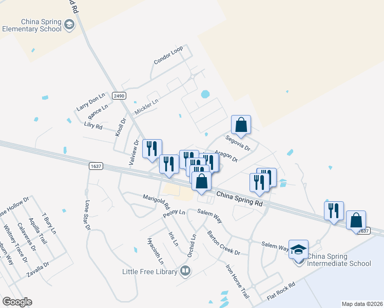 map of restaurants, bars, coffee shops, grocery stores, and more near 10109 Cordoba Court in Waco