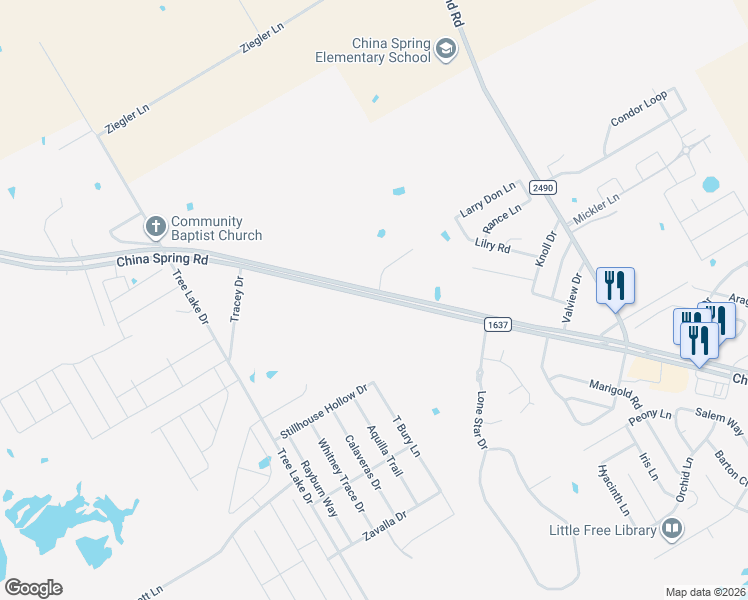 map of restaurants, bars, coffee shops, grocery stores, and more near 11005 China Spring Road in Waco