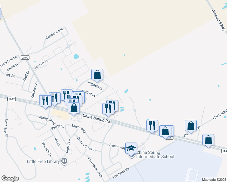 map of restaurants, bars, coffee shops, grocery stores, and more near 10704 Granada Drive in Waco