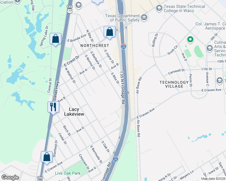 map of restaurants, bars, coffee shops, grocery stores, and more near 318 South Barbara Street in Waco