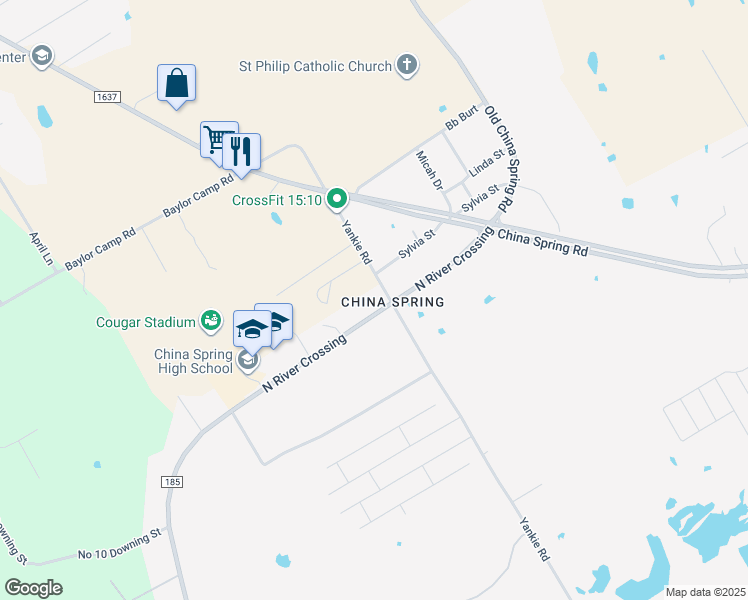 map of restaurants, bars, coffee shops, grocery stores, and more near 6921 North River Crossing in China Spring