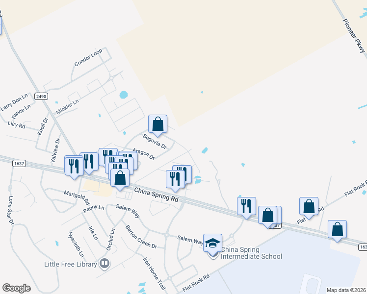 map of restaurants, bars, coffee shops, grocery stores, and more near 10704 Granada Drive in Waco