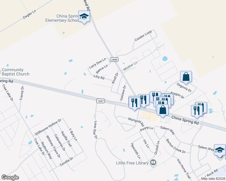 map of restaurants, bars, coffee shops, grocery stores, and more near 4216 Knoll Drive in Waco