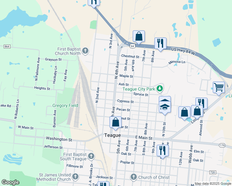 map of restaurants, bars, coffee shops, grocery stores, and more near 402 Spruce Street in Teague