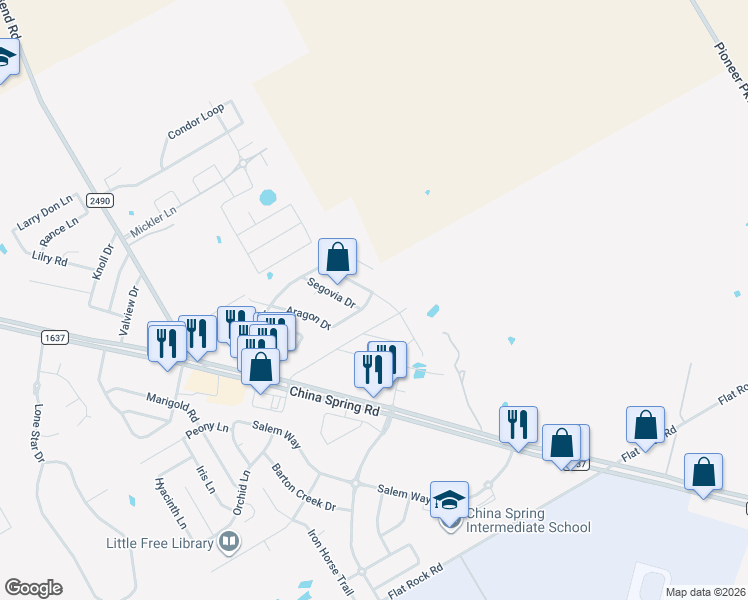 map of restaurants, bars, coffee shops, grocery stores, and more near 10701 Granada Drive in Waco