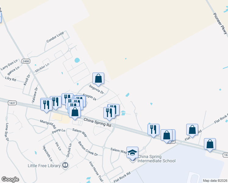 map of restaurants, bars, coffee shops, grocery stores, and more near 10704 Granada Drive in Waco