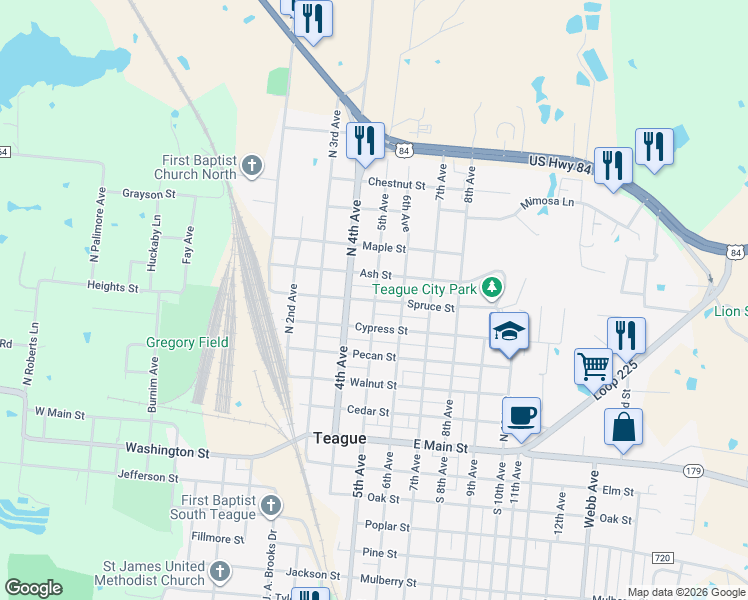map of restaurants, bars, coffee shops, grocery stores, and more near 499 Spruce Street in Teague