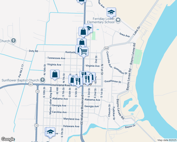 map of restaurants, bars, coffee shops, grocery stores, and more near 301 Florida Avenue in Ferriday