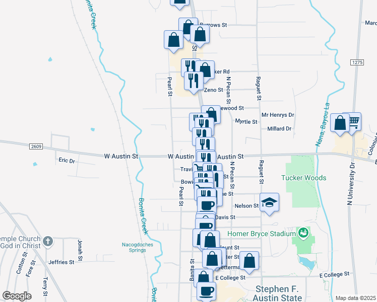map of restaurants, bars, coffee shops, grocery stores, and more near 218 West Austin Street in Nacogdoches