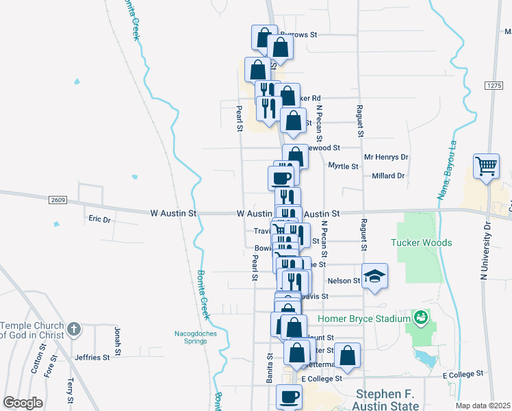 map of restaurants, bars, coffee shops, grocery stores, and more near 218 West Austin Street in Nacogdoches