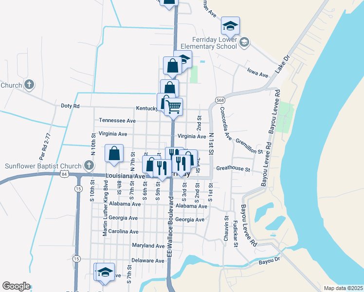 map of restaurants, bars, coffee shops, grocery stores, and more near 301-399 Florida Avenue in Ferriday