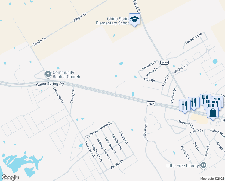 map of restaurants, bars, coffee shops, grocery stores, and more near 11005 China Spring Road in Waco