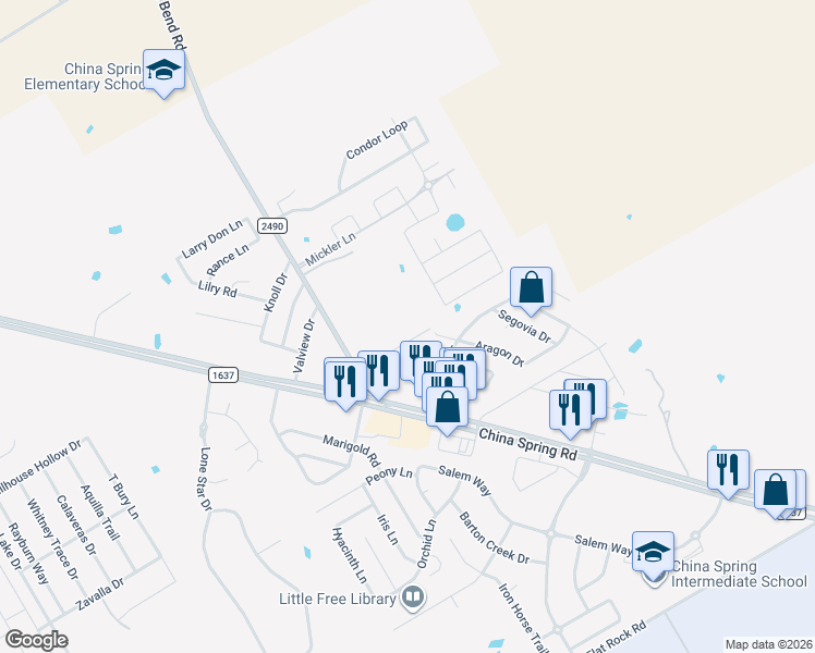map of restaurants, bars, coffee shops, grocery stores, and more near 263 Kenna Lane in Waco