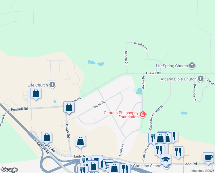 map of restaurants, bars, coffee shops, grocery stores, and more near 485 Fussell Road in Leesburg
