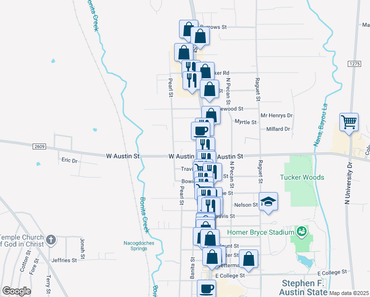 map of restaurants, bars, coffee shops, grocery stores, and more near 210 West Austin Street in Nacogdoches