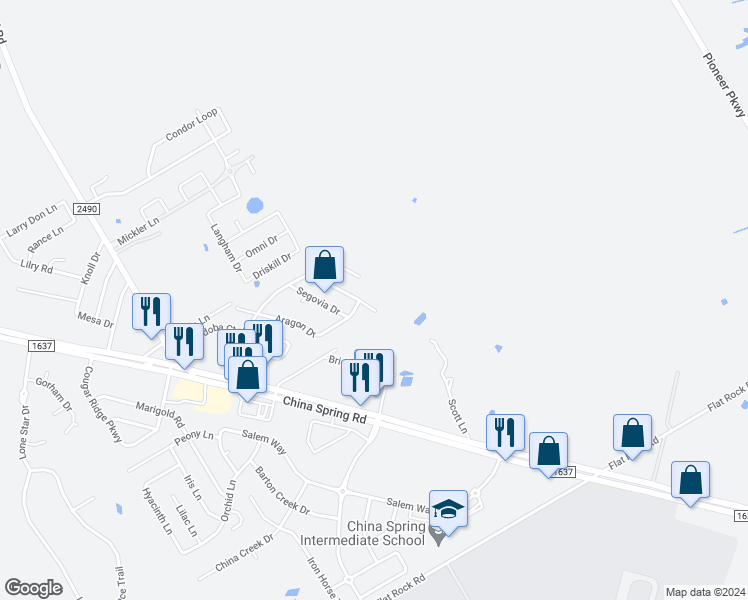 map of restaurants, bars, coffee shops, grocery stores, and more near 10701 Granada Drive in Waco