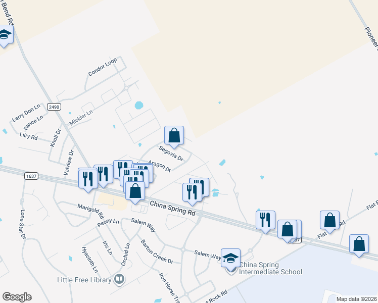 map of restaurants, bars, coffee shops, grocery stores, and more near 10704 Granada Drive in Waco