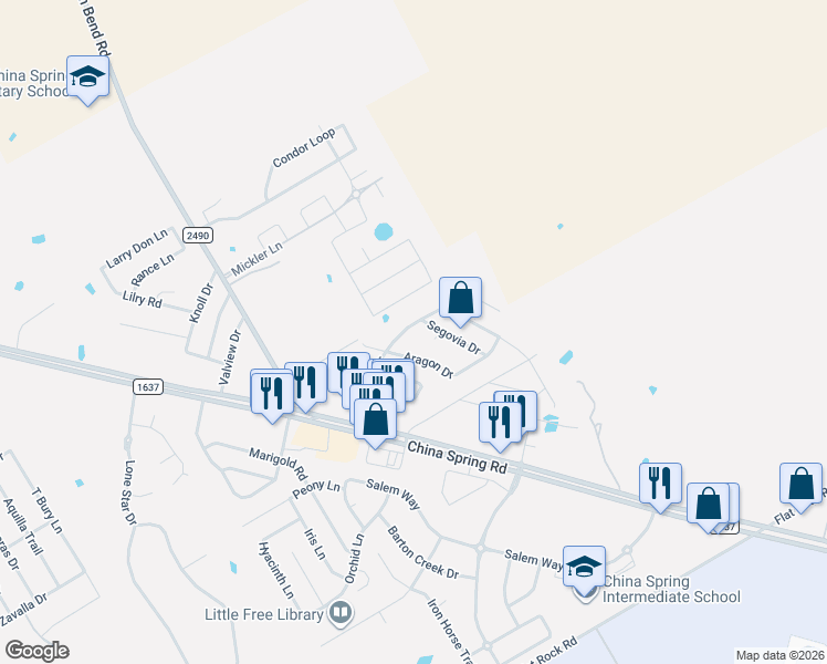 map of restaurants, bars, coffee shops, grocery stores, and more near 10112 Aragon Drive in Waco