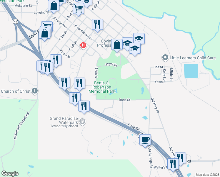 map of restaurants, bars, coffee shops, grocery stores, and more near City Park in Collins
