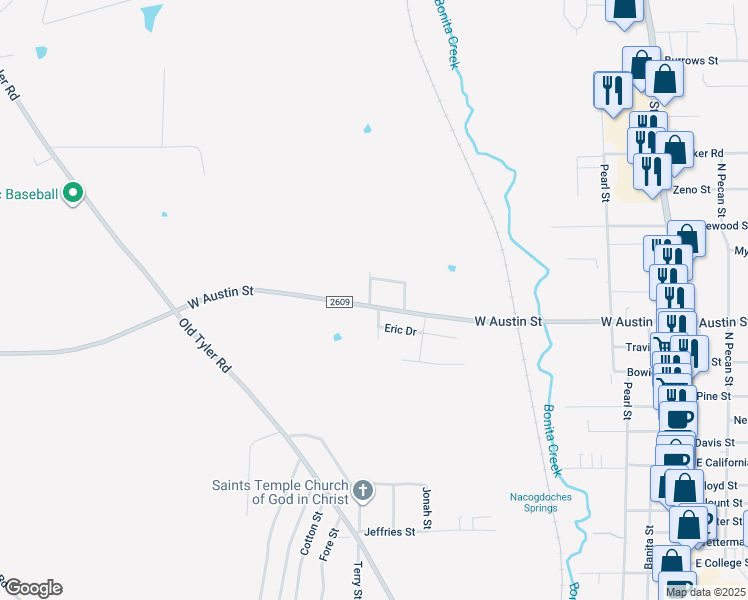 map of restaurants, bars, coffee shops, grocery stores, and more near 1508 Eric Drive in Nacogdoches